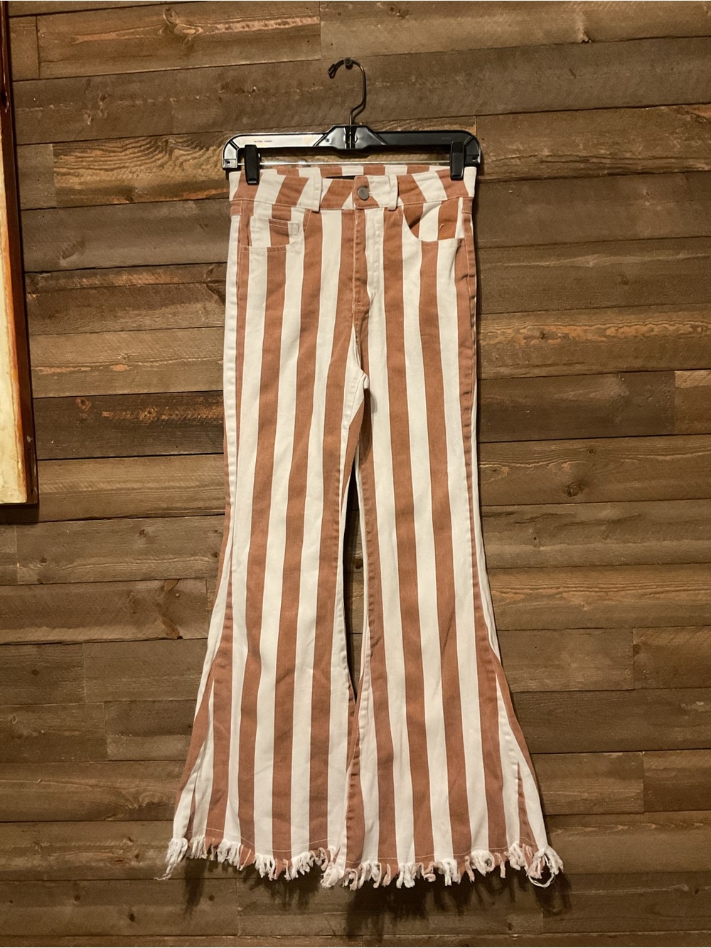 Blue B. Collection Brown White Stripe Flare Jeans Raw Hem Women’s Size Small EUC